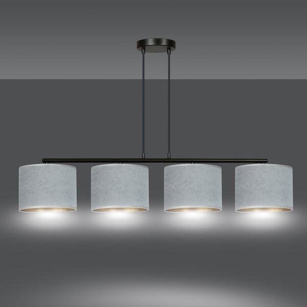 Lampadario 4 Luci Vinayaka In Acciaio Nero E Paralumi In Tessuto Grigio