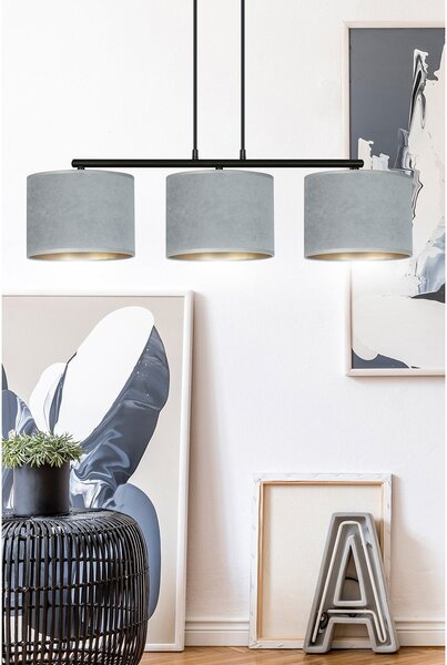 Lampadario 3 Luci Vinayaka In Acciaio Nero E Paralumi In Tessuto Grigio