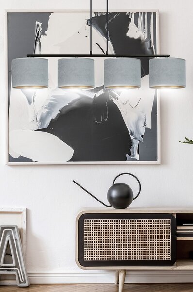 Lampadario 4 Luci Vinayaka In Acciaio Nero E Paralumi In Tessuto Grigio