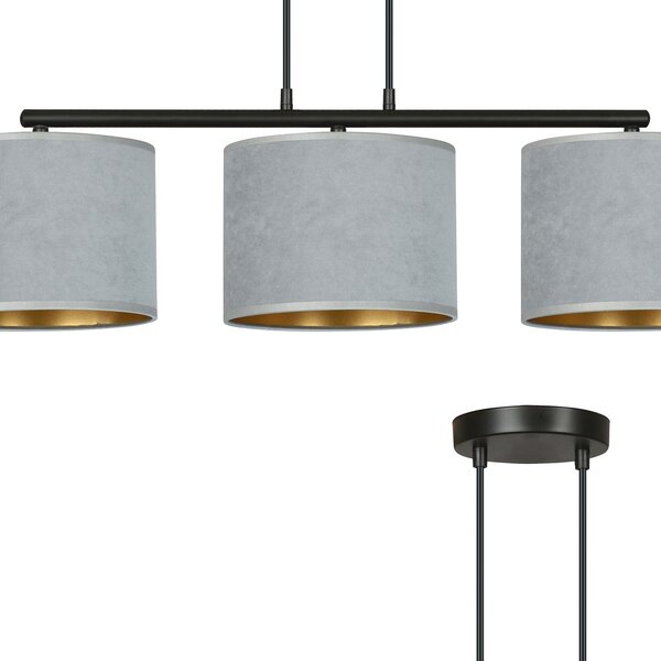Lampadario 3 Luci Vinayaka In Acciaio Nero E Paralumi In Tessuto Grigio