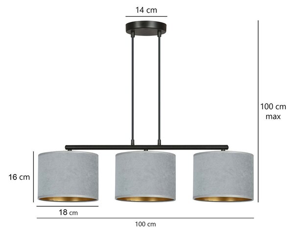 Lampadario 3 Luci Vinayaka In Acciaio Nero E Paralumi In Tessuto Grigio