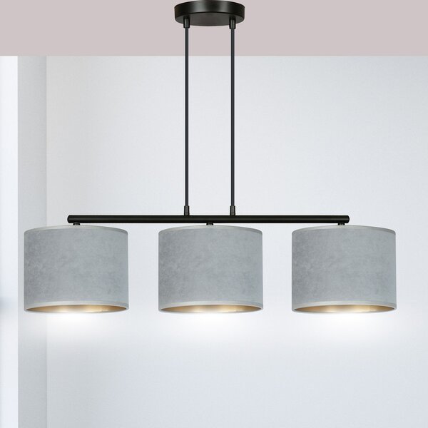 Lampadario 3 Luci Vinayaka In Acciaio Nero E Paralumi In Tessuto Grigio