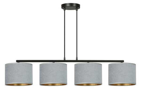 Lampadario 4 Luci Vinayaka In Acciaio Nero E Paralumi In Tessuto Grigio