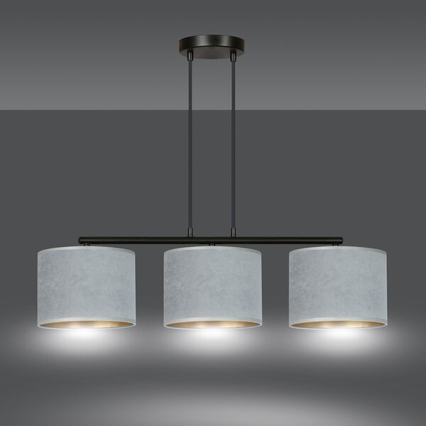 Lampadario 3 Luci Vinayaka In Acciaio Nero E Paralumi In Tessuto Grigio