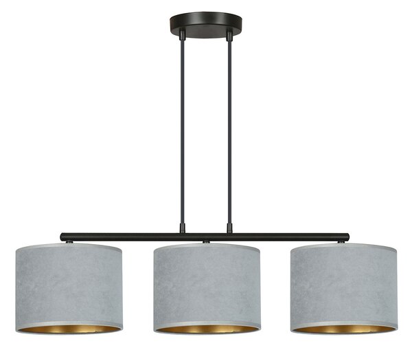 Lampadario 3 Luci Vinayaka In Acciaio Nero E Paralumi In Tessuto Grigio