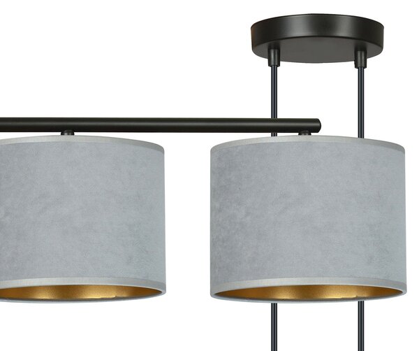 Lampadario 4 Luci Vinayaka In Acciaio Nero E Paralumi In Tessuto Grigio