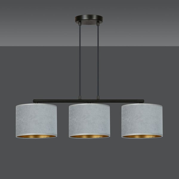 Lampadario 3 Luci Vinayaka In Acciaio Nero E Paralumi In Tessuto Grigio