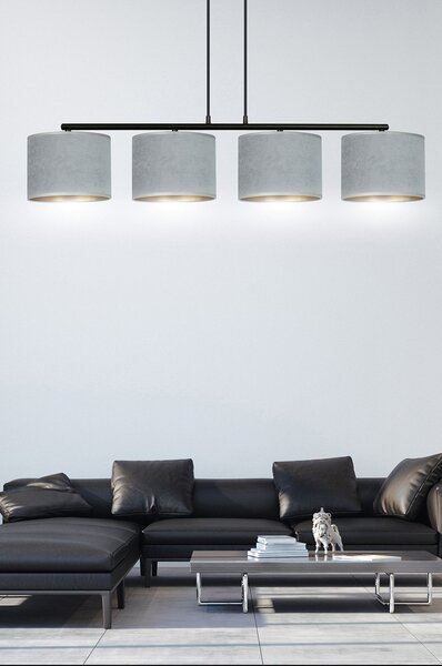 Lampadario 4 Luci Vinayaka In Acciaio Nero E Paralumi In Tessuto Grigio