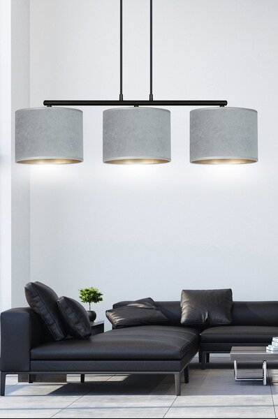 Lampadario 3 Luci Vinayaka In Acciaio Nero E Paralumi In Tessuto Grigio