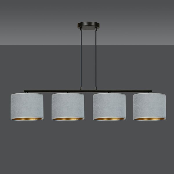 Lampadario 4 Luci Vinayaka In Acciaio Nero E Paralumi In Tessuto Grigio