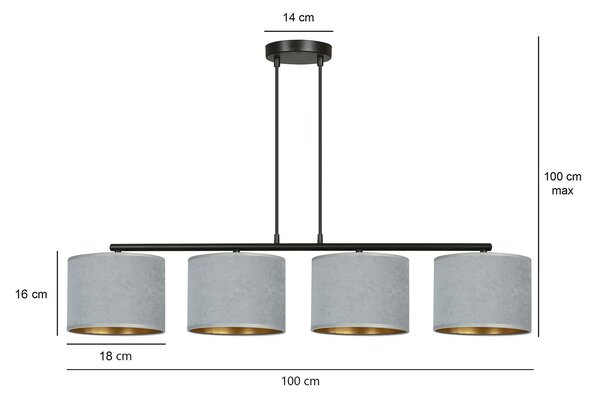 Lampadario 4 Luci Vinayaka In Acciaio Nero E Paralumi In Tessuto Grigio