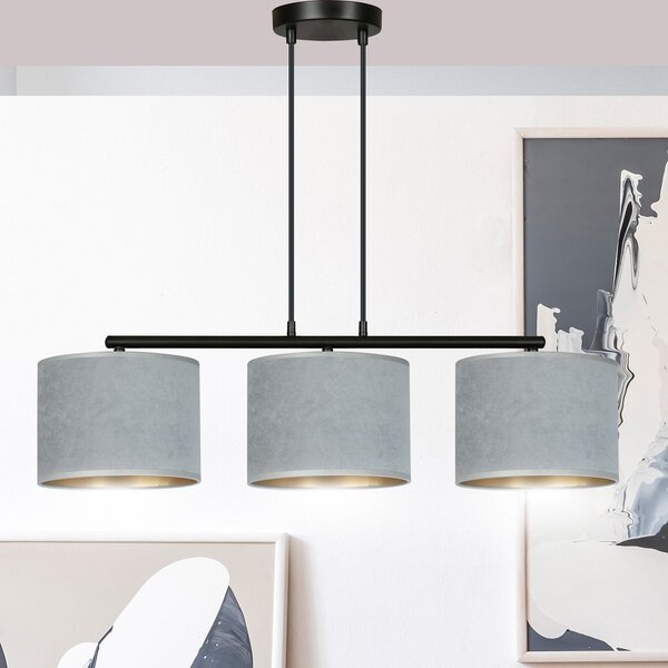 Lampadario 3 Luci Vinayaka In Acciaio Nero E Paralumi In Tessuto Grigio