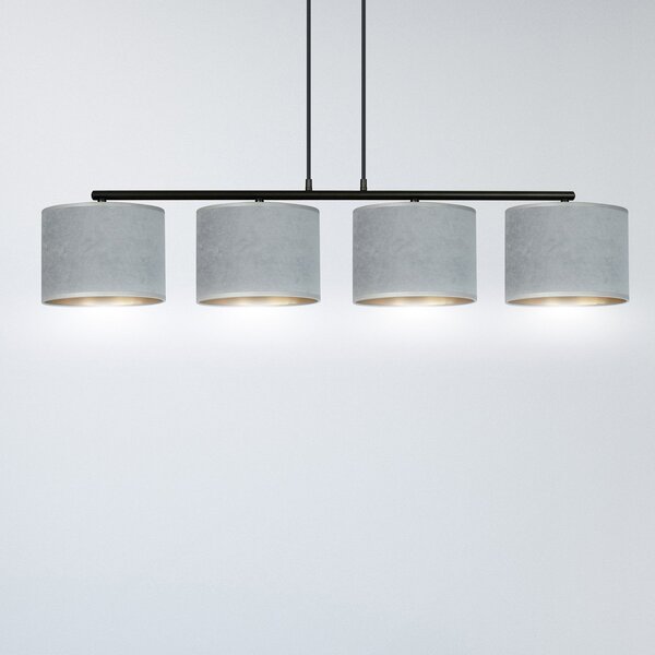 Lampadario 4 Luci Vinayaka In Acciaio Nero E Paralumi In Tessuto Grigio