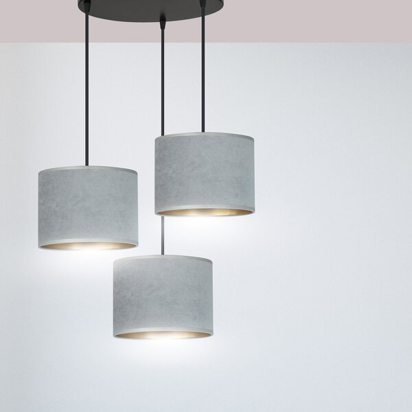 Lampadario Tondo 3 Luci Vinayaka Acciaio Nero E Paralumi In Tessuto Grigio