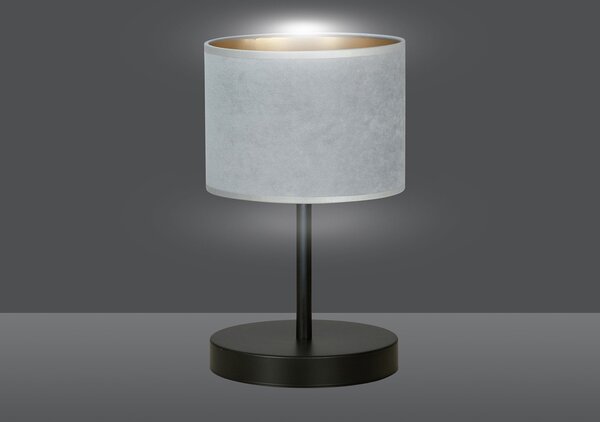 Lampada Da Tavolo 1 Luce Vinayaka Acciaio Nero E Paralume In Tessuto Grigio