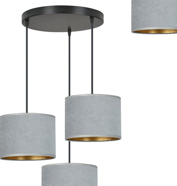 Lampadario Tondo 3 Luci Vinayaka Acciaio Nero E Paralumi In Tessuto Grigio