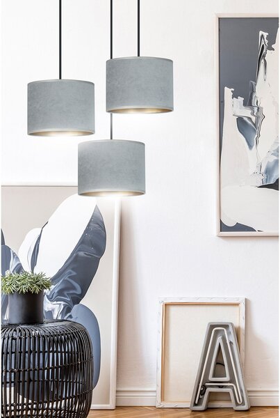 Lampadario Tondo 3 Luci Vinayaka Acciaio Nero E Paralumi In Tessuto Grigio