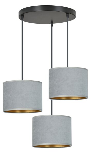 Lampadario Tondo 3 Luci Vinayaka Acciaio Nero E Paralumi In Tessuto Grigio