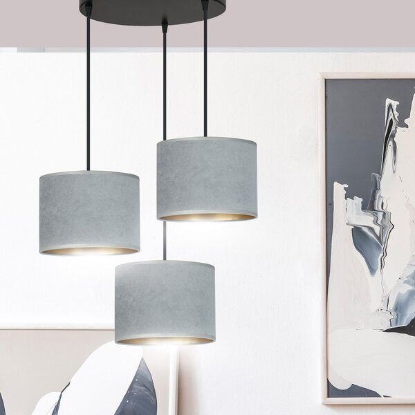 Lampadario Tondo 3 Luci Vinayaka Acciaio Nero E Paralumi In Tessuto Grigio