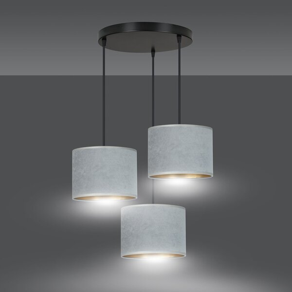 Lampadario Tondo 3 Luci Vinayaka Acciaio Nero E Paralumi In Tessuto Grigio