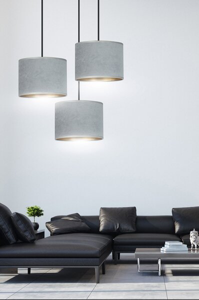Lampadario Tondo 3 Luci Vinayaka Acciaio Nero E Paralumi In Tessuto Grigio