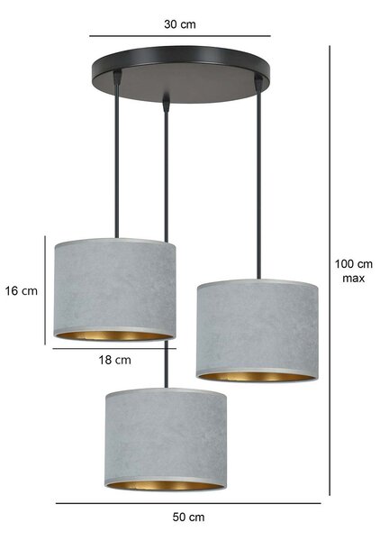 Lampadario Tondo 3 Luci Vinayaka Acciaio Nero E Paralumi In Tessuto Grigio