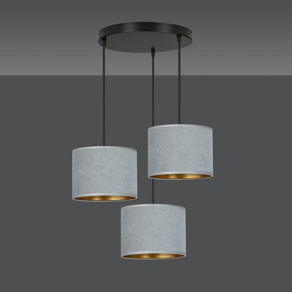 Lampadario Tondo 3 Luci Vinayaka Acciaio Nero E Paralumi In Tessuto Grigio