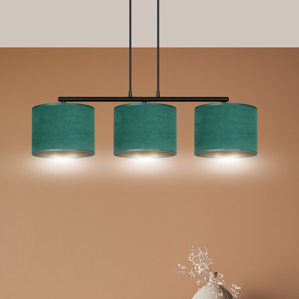 Lampadario 3 Luci Vinayaka In Acciaio Nero E Paralumi In Tessuto Verde