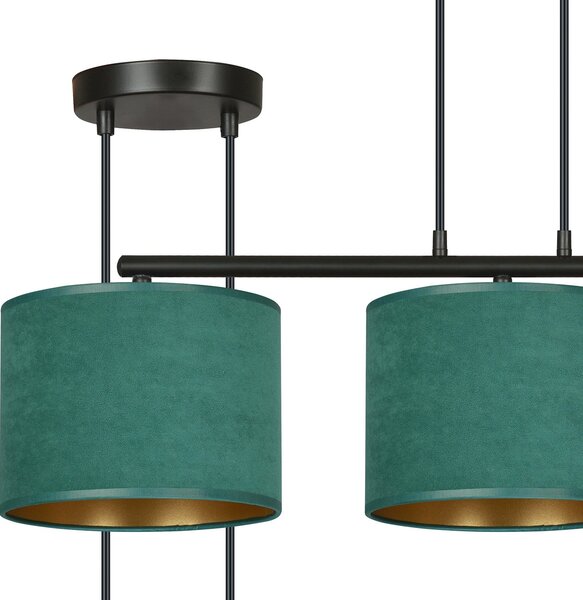Lampadario 3 Luci Vinayaka In Acciaio Nero E Paralumi In Tessuto Verde