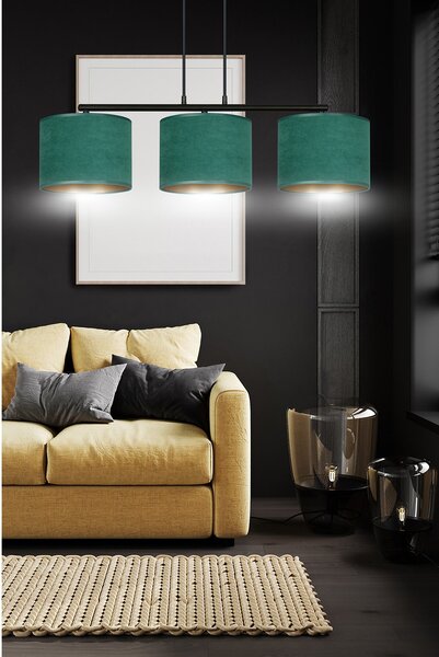 Lampadario 3 Luci Vinayaka In Acciaio Nero E Paralumi In Tessuto Verde