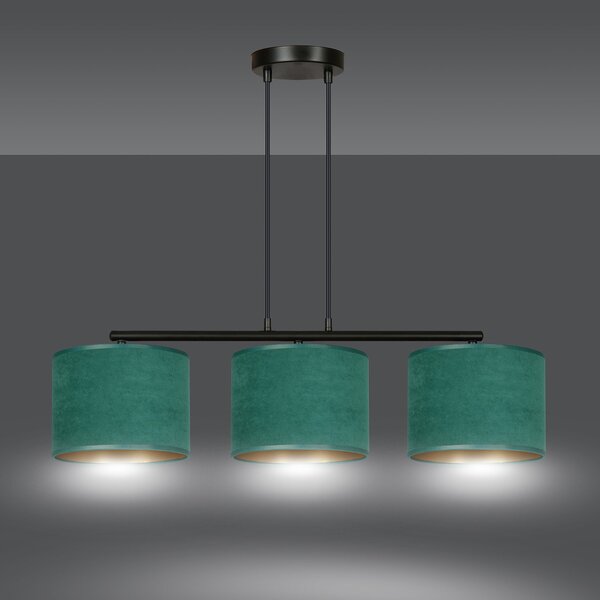 Lampadario 3 Luci Vinayaka In Acciaio Nero E Paralumi In Tessuto Verde