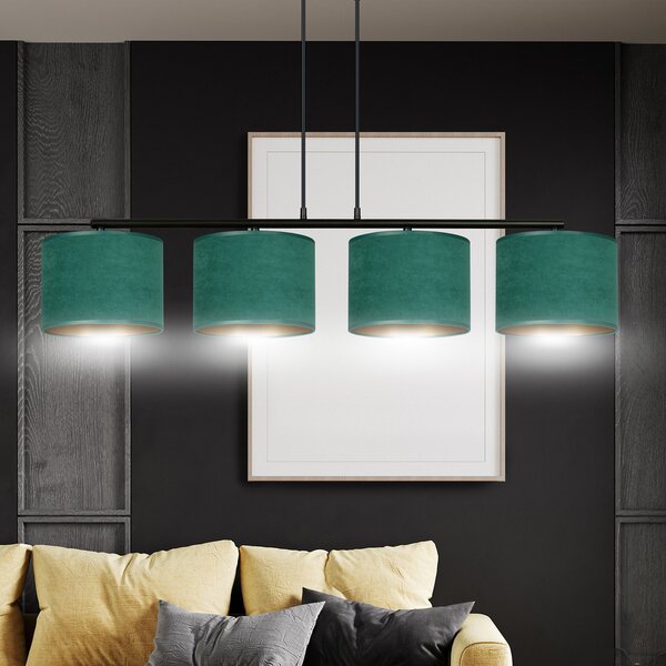 Lampadario 4 Luci Vinayaka In Acciaio Nero E Paralumi In Tessuto Verde
