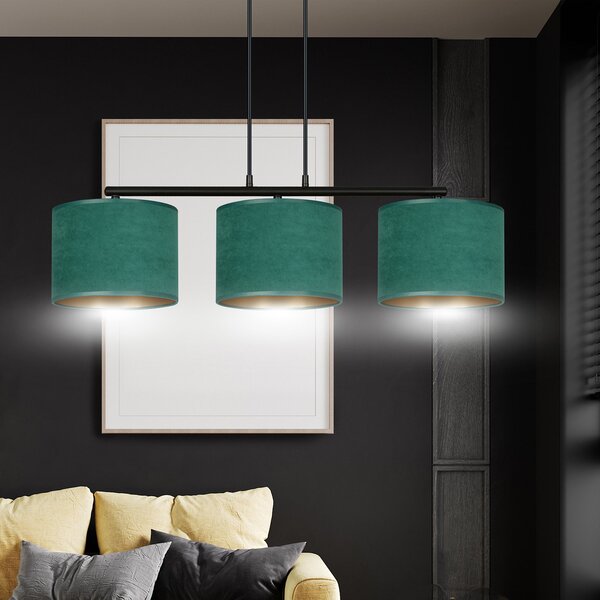 Lampadario 3 Luci Vinayaka In Acciaio Nero E Paralumi In Tessuto Verde
