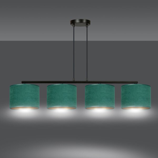 Lampadario 4 Luci Vinayaka In Acciaio Nero E Paralumi In Tessuto Verde