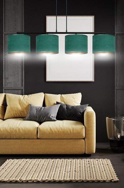 Lampadario 4 Luci Vinayaka In Acciaio Nero E Paralumi In Tessuto Verde
