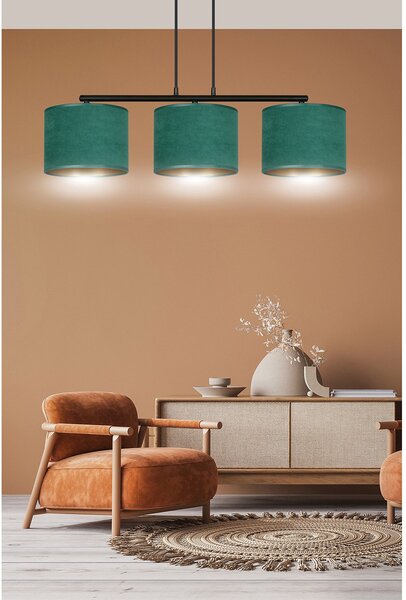 Lampadario 3 Luci Vinayaka In Acciaio Nero E Paralumi In Tessuto Verde