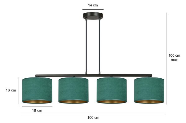 Lampadario 4 Luci Vinayaka In Acciaio Nero E Paralumi In Tessuto Verde