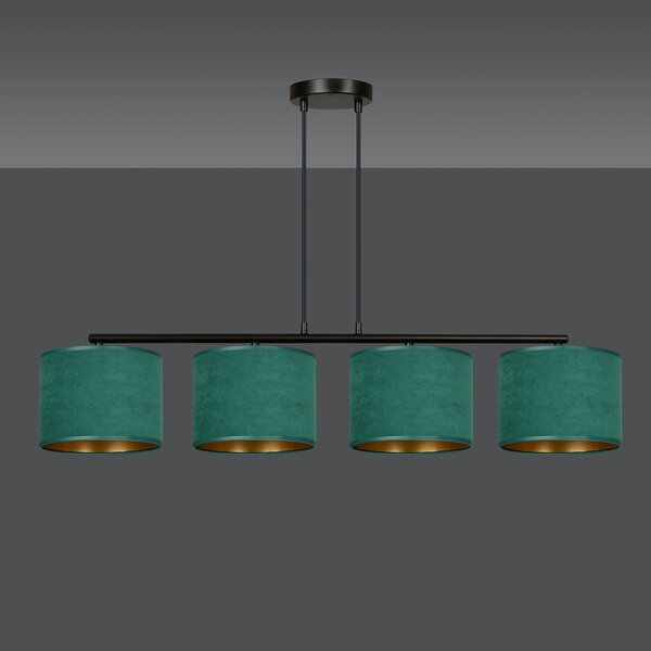Lampadario 4 Luci Vinayaka In Acciaio Nero E Paralumi In Tessuto Verde