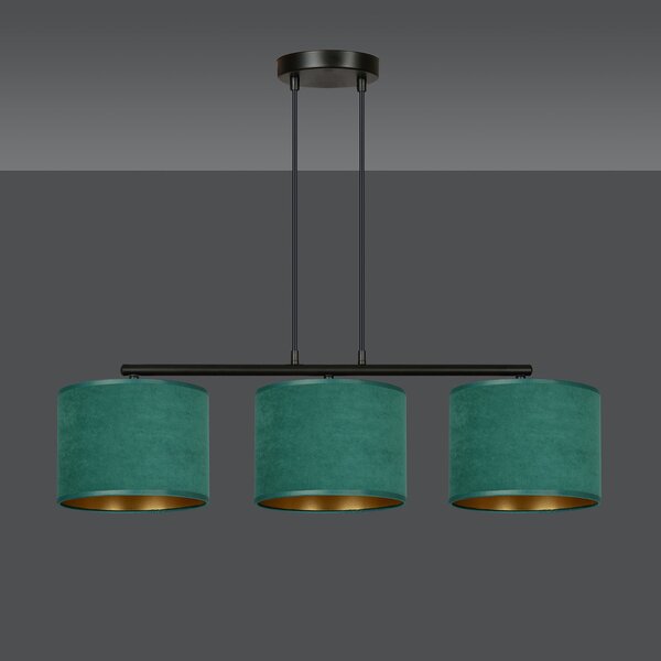 Lampadario 3 Luci Vinayaka In Acciaio Nero E Paralumi In Tessuto Verde