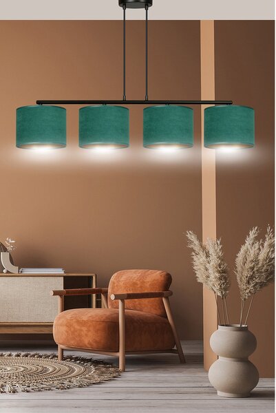 Lampadario 4 Luci Vinayaka In Acciaio Nero E Paralumi In Tessuto Verde