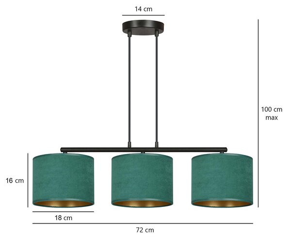 Lampadario 3 Luci Vinayaka In Acciaio Nero E Paralumi In Tessuto Verde