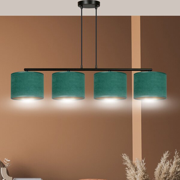 Lampadario 4 Luci Vinayaka In Acciaio Nero E Paralumi In Tessuto Verde