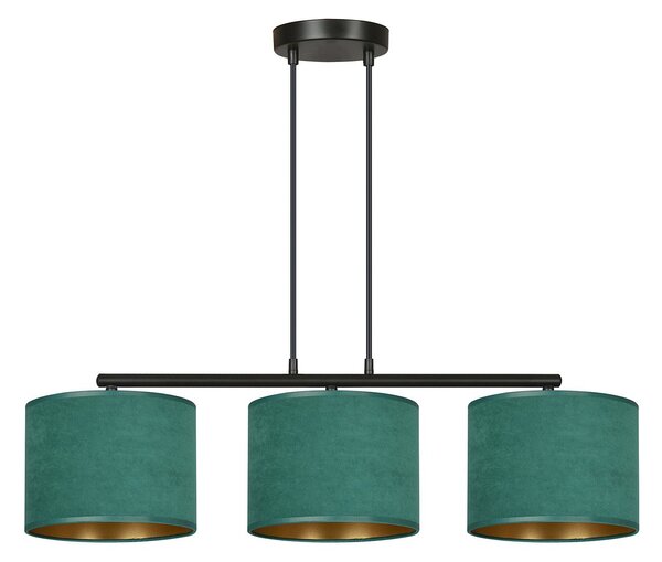 Lampadario 3 Luci Vinayaka In Acciaio Nero E Paralumi In Tessuto Verde