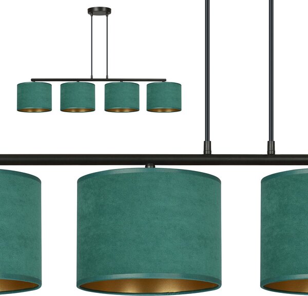 Lampadario 4 Luci Vinayaka In Acciaio Nero E Paralumi In Tessuto Verde