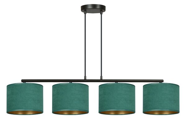 Lampadario 4 Luci Vinayaka In Acciaio Nero E Paralumi In Tessuto Verde