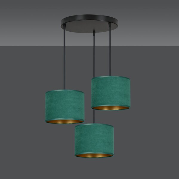 Lampadario Tondo 3 Luci Vinayaka Acciaio Nero E Paralumi In Tessuto Verde
