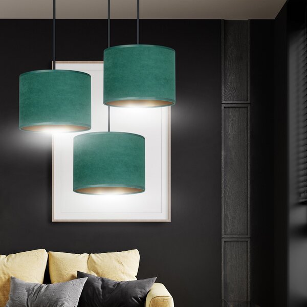 Lampadario Tondo 3 Luci Vinayaka Acciaio Nero E Paralumi In Tessuto Verde