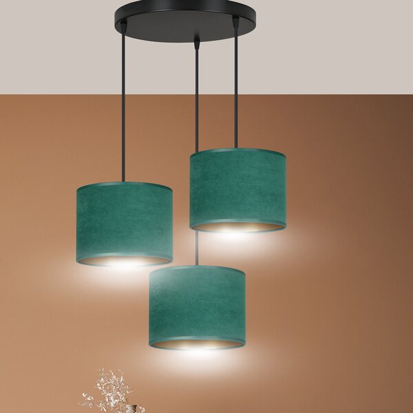 Lampadario Tondo 3 Luci Vinayaka Acciaio Nero E Paralumi In Tessuto Verde