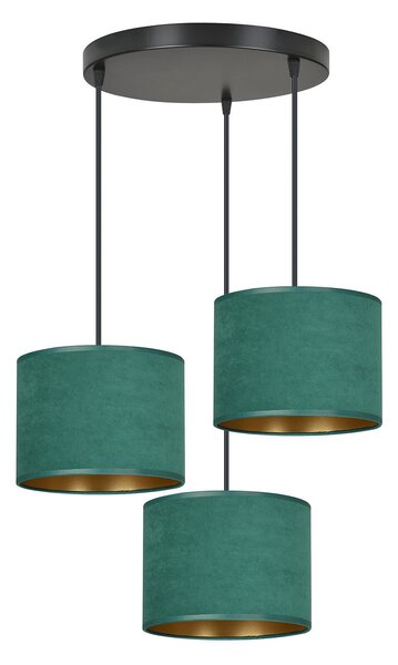 Lampadario Tondo 3 Luci Vinayaka Acciaio Nero E Paralumi In Tessuto Verde