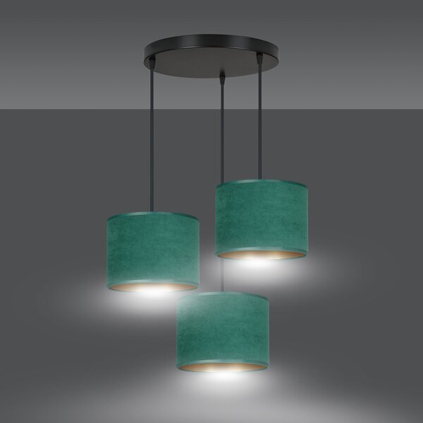 Lampadario Tondo 3 Luci Vinayaka Acciaio Nero E Paralumi In Tessuto Verde